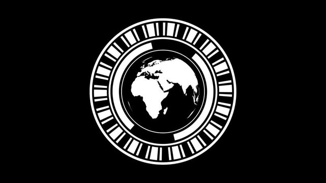 World clock icon animation displays global time zone hands on dark space. Schedule interval data routes on icon. Monitoring consoles use world clock icon online.