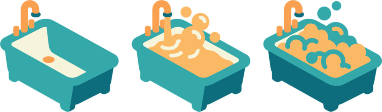 Bubble bath process in three steps, from an empty bathtub to a bathtub filling with water to a bathtub full of bubbles