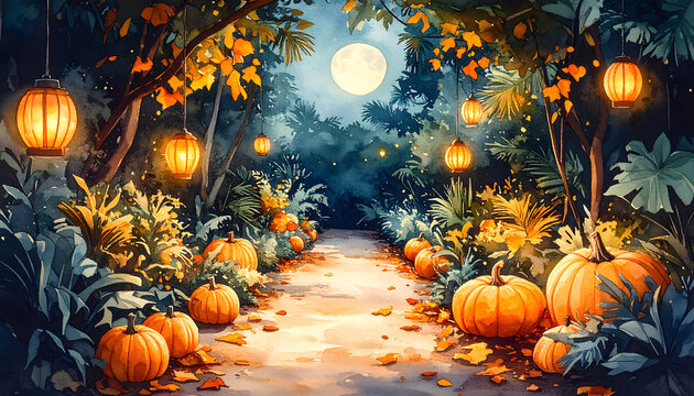 Watercolor tropical garden path with tiny pumpkins and glowing lanterns for Halloween decor.