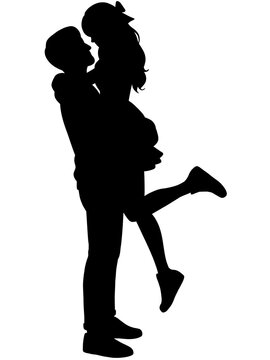 black silhouette of a couple, a man carrying and lifting a woman romantically while looking at each other
