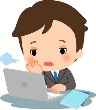 やる気なさそうにデスクで仕事をするスーツの男性