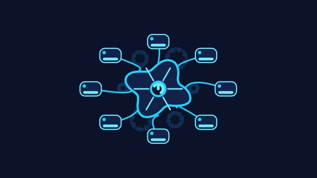Glowing blue network node and data flow infographic animation with pulsing central core and connected information boxes on dark background, for technology presentations