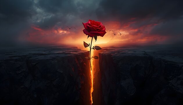 Crimson rose growing from black mountain cliff