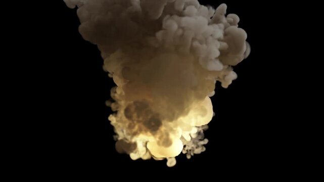 Huge fiery explosion and smoke billowing on black background