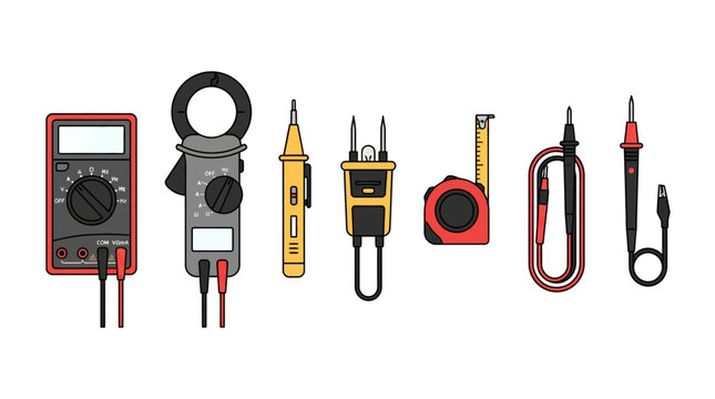 Set of electrical testing equipment including digital multimeter clamp meter and measuring tools.