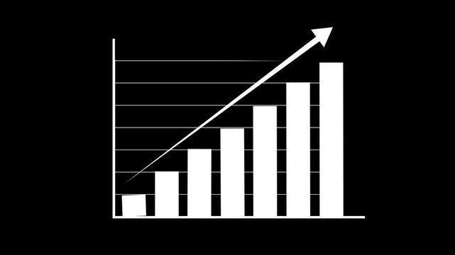 Bar chart animation displays rising statistical columns with a growth arrow. Revenue expansion analytics track on chart. Investment success drives active bar chart.