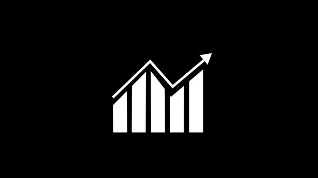 Bar chart animation displays rising columns with an upward trend arrow on dark. Business revenue growth analytics track on chart. Investment drives active bar chart.