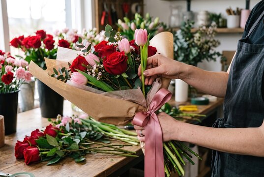 A florist arranges a bouquet with red roses and pink tulips in a shop. The scene shows various flowers on the table and a cozy environment