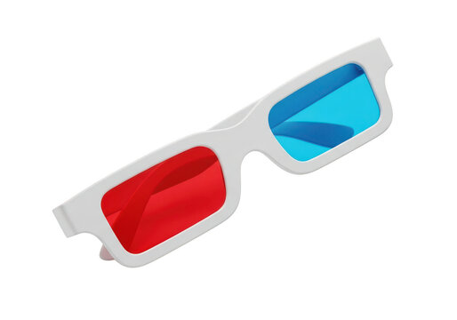 Red and blue 3d glasses with white frame provide immersive stereoscopic viewing experience for movies and entertainment.