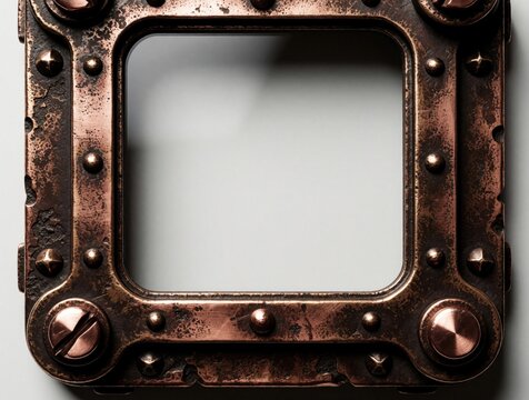 Steampunk style metallic frame with copper texture, rivets. Industrial antique bronze border features rugged metal design, mechanical details. Retro brass rectangle frame with aged patina effect for