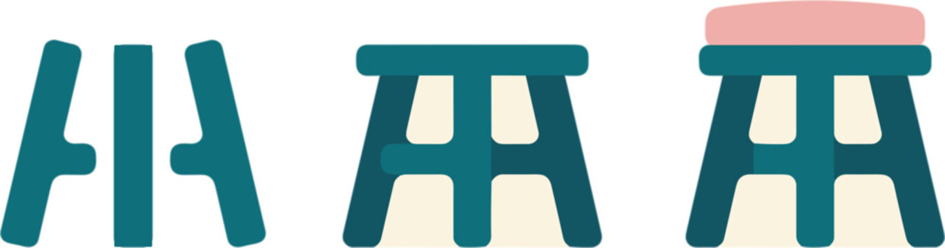 Wooden stool process in three steps, from stool parts to a stool frame to a stool with a seat cushion