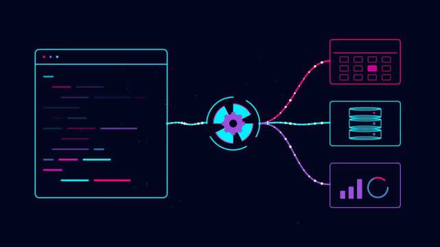 Neon data processing and software development animation: code interface routing information to database, calendar, and analytics dashboards in a futuristic digital network concept