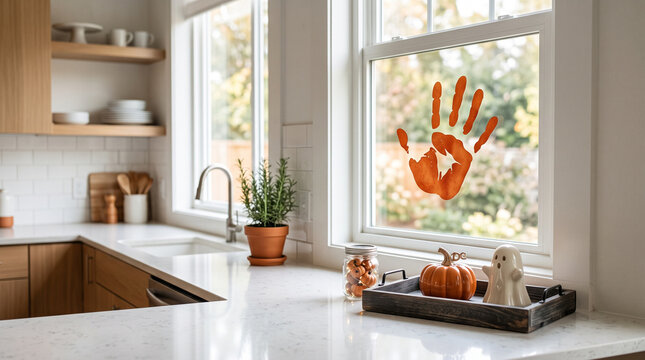 Bloody handprint on kitchen window in a modern home, Halloween  