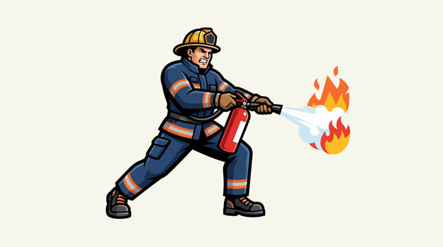 Firefighter extinguishing flames using a red fire extinguisher.