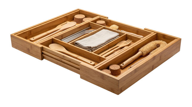 Bamboo expandable drawer organizer with wooden kitchen utensils, sustainable storage tray for cutlery, eco-friendly kitchen drawer divider isolated PNG with Transparent Background
