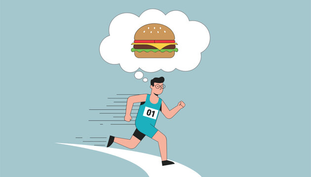 Humorous fitness concept showing a man in athletic gear running while thinking about a delicious giant cheeseburger in a cloud bubble.