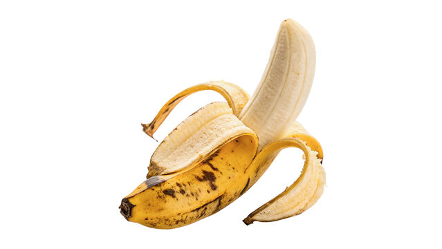 Single fresh ripe sweet yellow banana peeled half tropical dessert isolated on transparent background