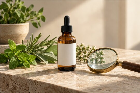 consumer checks an unlabelled wellness bottle with a magnifier