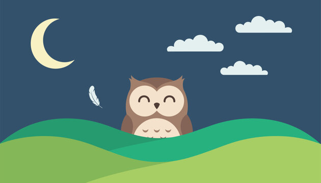 Peaceful night scene featuring a cute brown owl sitting on rolling green hills under a crescent moon and stars in a dark blue sky.