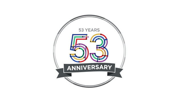 Colorful 53 years anniversary logo with a circular frame and ribbon banner for business or personal celebration events.