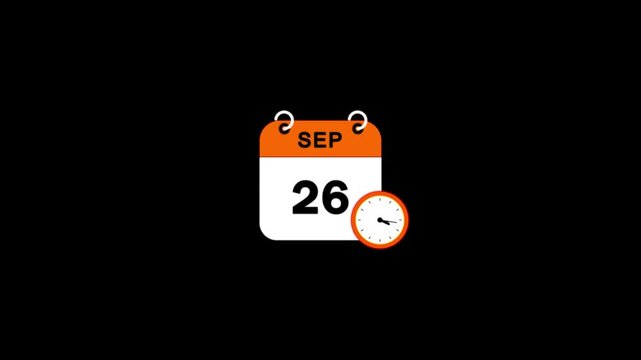 Calendar 26 September 2026 animation. clock and black background.4k animation