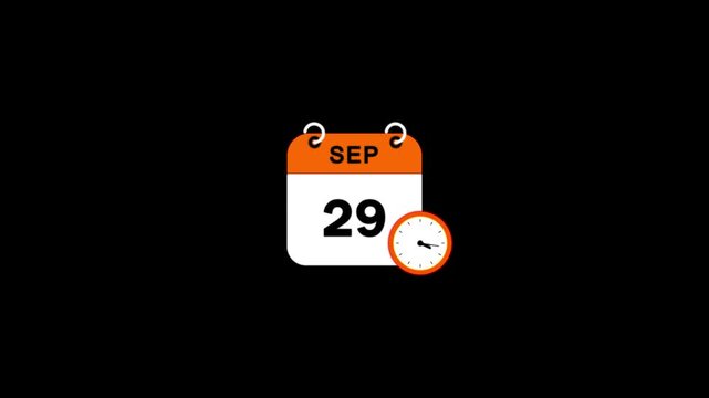 Calendar 29 September 2026 animation. clock and black background.4k animation