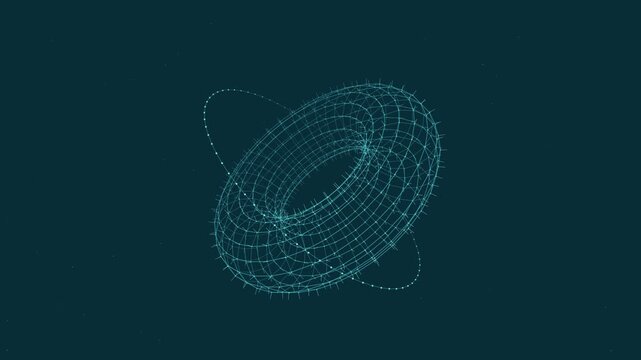Rotating neon blue wireframe torus hologram on dark background: futuristic sci-fi digital shape animation for technology and data science visuals