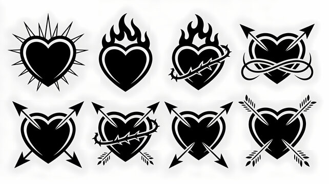Set of Heart Symbols: A collection of diverse heart designs, featuring flames, thorns, arrows, and radiating lines, symbolizing love, passion, and protection.