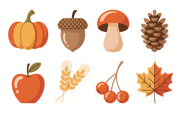 Autumn Harvest Icons: A charming collection of autumnal icons featuring a pumpkin, acorn, mushroom, pinecone, apple, wheat stalk, berries, and maple leaf, perfect for seasonal designs.