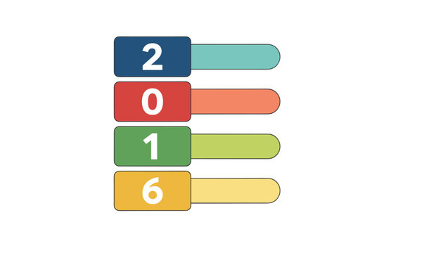 Vertical stack of colorful numbered blocks and labels representing a data infographic for the year two thousand sixteen.