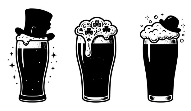 Title:
St Patrick&rsquo;s Day beer pint glasses with leprechaun hats and shamrock vector set