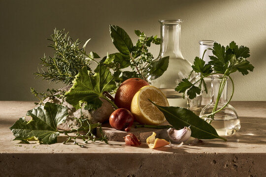Botanical study of nibbled leaves herbs and citrus peel with scientific glassware highlighting chemical ecology and adaptive plant biochemistry