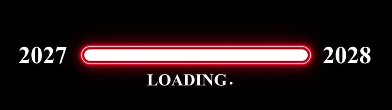 2027 to 2028 new year transition with futuristic glowing loading bar, 2027 to 2028 new year loading concept video  animation  on black background,  New year announcement concept video of 2027 to 2028 