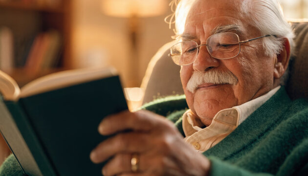 Elderly man with a mustache and glasses reading a book comfortably in a cozy armchair