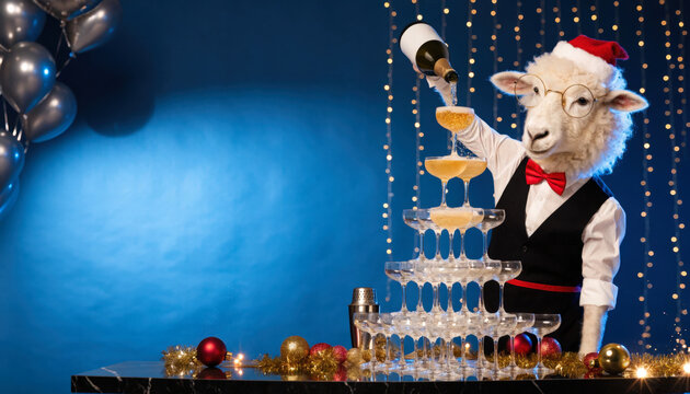 Anthropomorphic sheep bartender in a vest and Santa hat pouring champagne into a glass tower at a holiday party