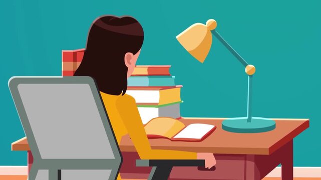 Woman studying at desk with books and lamp in animated vector footage motion clip