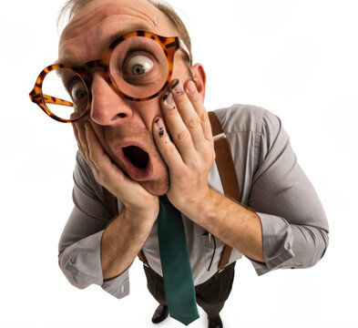 Shocked man with large round glasses and a dirty face holding his cheeks in a panic