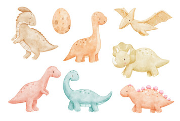 Cute cartoon dinosaurs set in neutral colors, watercolour isolated illustration for kids. Funny dino character for nursery decor, poster and card © Elena