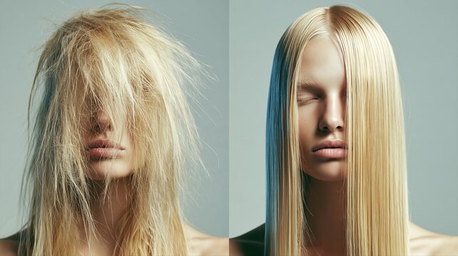A striking split-screen haircare before-and-after shows dramatic transformation. Frizzy dry hair becomes smooth, glossy, and healthy in this premium commercial photo.