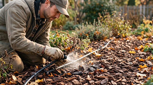 Gardener clearing garden irrigation system with compressed air in autumn garden bed