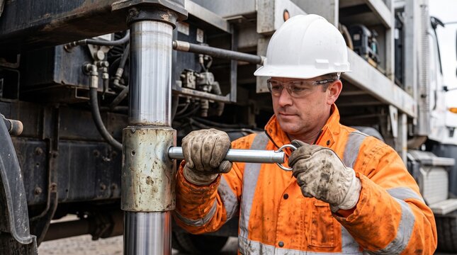 Construction worker securing hydraulic equipment on industrial site with copy space