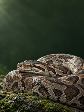Gray and brown python coiled on moss beneath dark green portrait copy space