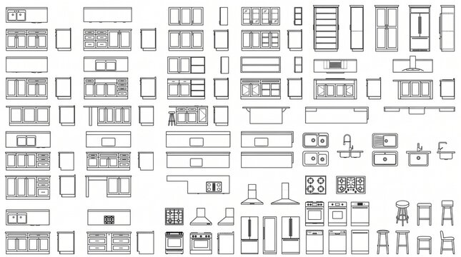 Kitchen Furniture and Fixtures Architectural CAD Blocks Top Front Side View Collection