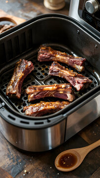 Air Fryer Ribs: Delicious, juicy ribs are expertly cooked to perfection in a modern air fryer, promising a flavorful and crispy culinary experience.