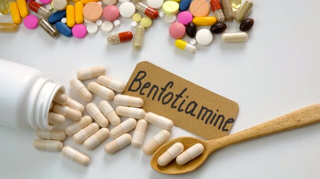 Benfotiamine capsules and vitamin supplements. Selective focus.