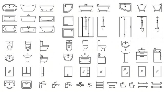 Bathroom Fixtures and Sanitary Ware Architectural CAD Blocks Top Front Side View Collection