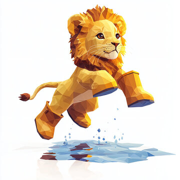 Playful Lion Cub Jumps in Colorful Rain Boots Over Water Splash