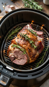 Air Fryer Roast Lamb: A succulent, golden-brown roast lamb, seasoned with fresh rosemary and peppercorns, sits perfectly cooked inside an air fryer basket, ready to be served.