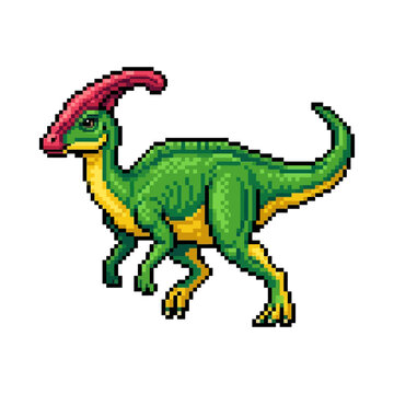 Pixel art illustration of a green parasaurolophus dinosaur with a red crest.