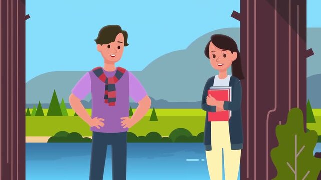 Animated students talking near water vector illustration footage in bright outdoor scenery with smiling young people